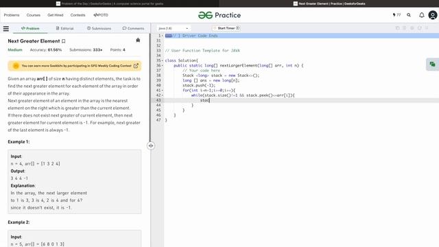 Next Greater Element || GFG POTD 16 Jan 2023 Solution ||Java || English || Live coding смотреть онлайн