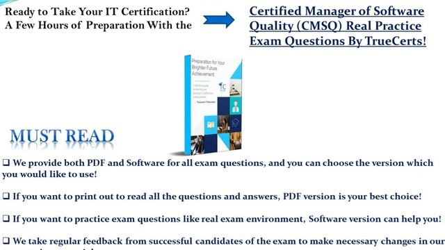 Certified Manager of Software Quality (CMSQ) Real Practice Exam Questions By TrueCerts! смотреть онлайн
