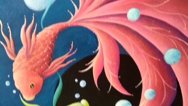 Картина акрилом с рыбками "Танец двух начал" Сказочная живопись. Картины в стиле фэнтези. смотреть онлайн