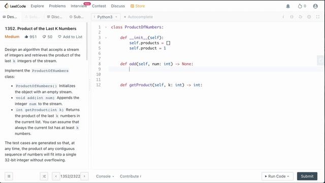 PRODUCT OF THE LAST K NUMBERS | LEETCODE # 1352 | PYTHON SOLUTION смотреть онлайн