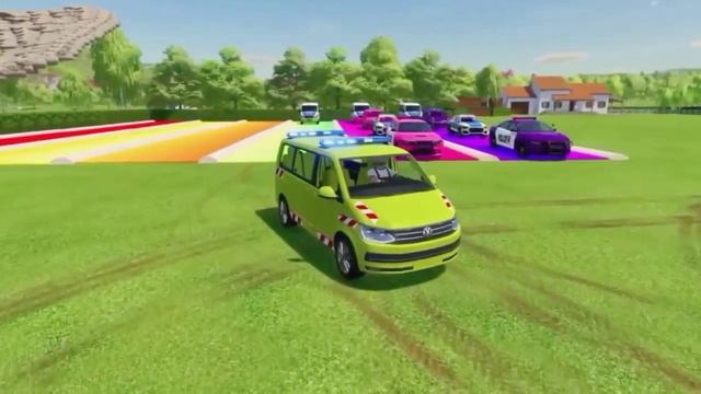 MERCEDES FORD AMBULANCE EMERGENCY & AUDI VOLKSWAGEN POLICE RESCUE CARS TRANSPORT WITH TRUCK ! FS 22 смотреть онлайн