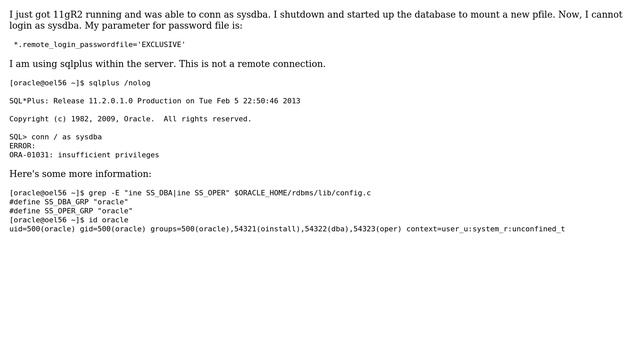 Databases: Unable to login oracle as sysdba смотреть онлайн