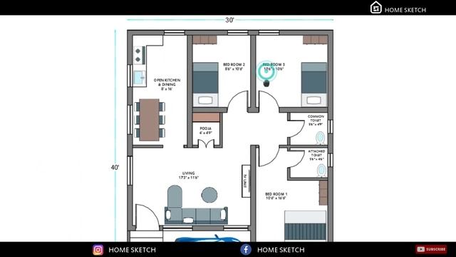 30x40 North Facing House Plan | 1200 Sqft | 3 BHK | Home Sketch смотреть онлайн