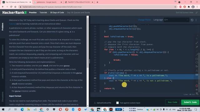 Day 18: Queues and Stacks | 30 days of code | Hackerrank | C/C++ Language | Hindi | Code With Panka смотреть онлайн