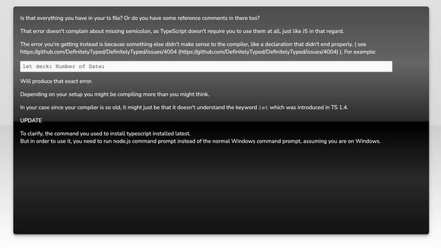 Typescript error TS1005: ';' expected but I don't see where I'm missing a semicolon смотреть онлайн