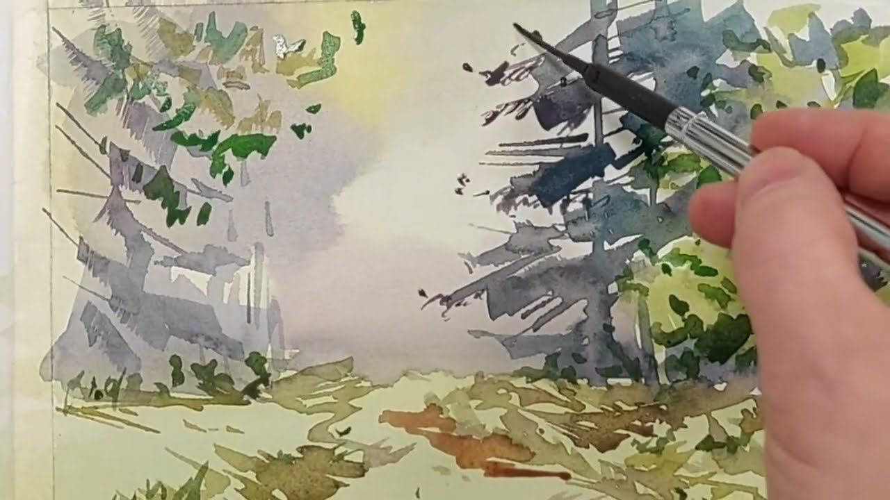 У леса, на опушке, акварель, фрагмент занятия с начинающими художниками смотреть онлайн