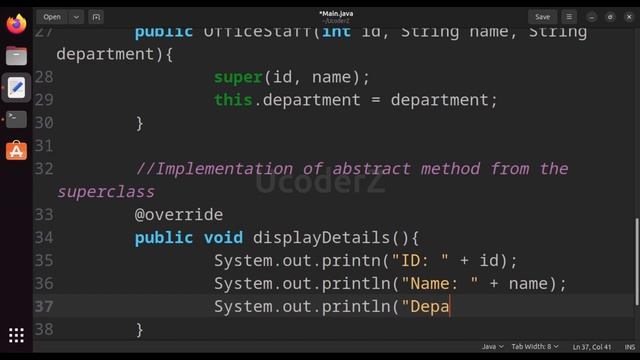 Abstract class Staff with protected members id and name | Parameterized constructor | Java program смотреть онлайн