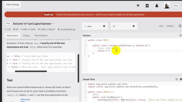 Exclusive or(xor) Logical Operator codewars java solution смотреть онлайн