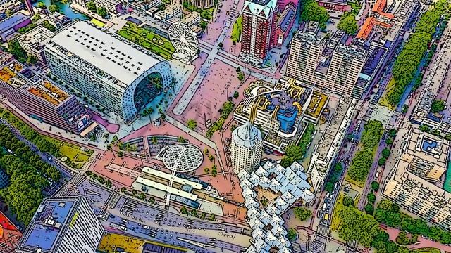 Color sketch in cartoon style. Rotterdam, Netherlands. Panorama of the business part of the city. C смотреть онлайн