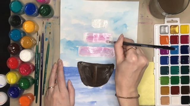 Парусник. Как нарисовать морской пейзаж. Летние рисунки для начинающих. Гуашь. Дошкольникам. смотреть онлайн