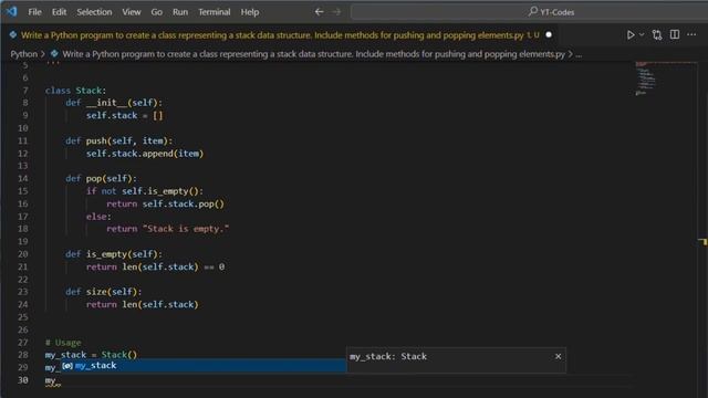 Write a Python program to create a class representing a stack data structure смотреть онлайн
