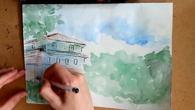 Пленэр. Зарисовка акварелью и гелевой ручкой смотреть онлайн