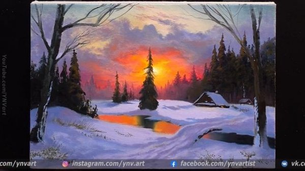 Acrylic Landscape Painting - Winter Dawn / Easy Art / Зимний пейзаж акрилом. Урок рисования Живопис