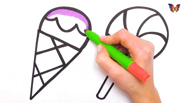 Как нарисовать и раскрасить МОРОЖЕНОЕ / Раскраска сладости / Раскраски Малышам смотреть онлайн