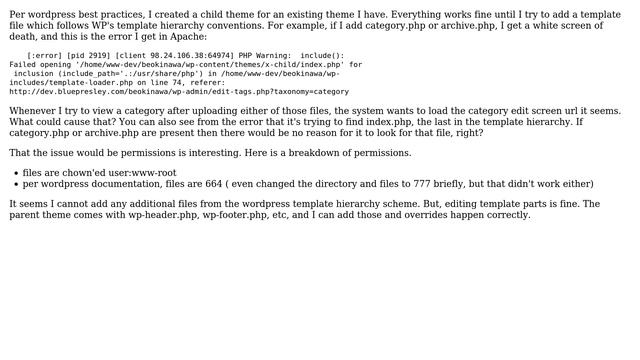 Wordpress: Why would adding a template file to a child theme cause an error in template-loader.php? смотреть онлайн