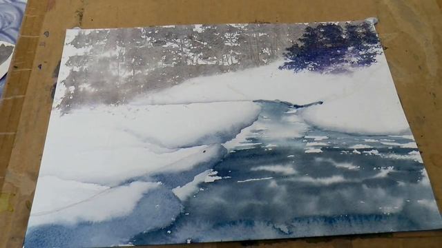 Зима Акварелью с интересной техникой! Winter Riverbank in watercolour смотреть онлайн