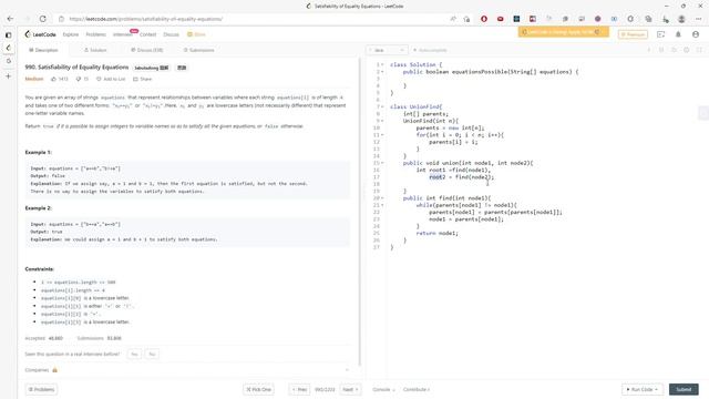 LeetCode 990 | Satisfiability of Equality Equations | UnionFind | Java смотреть онлайн