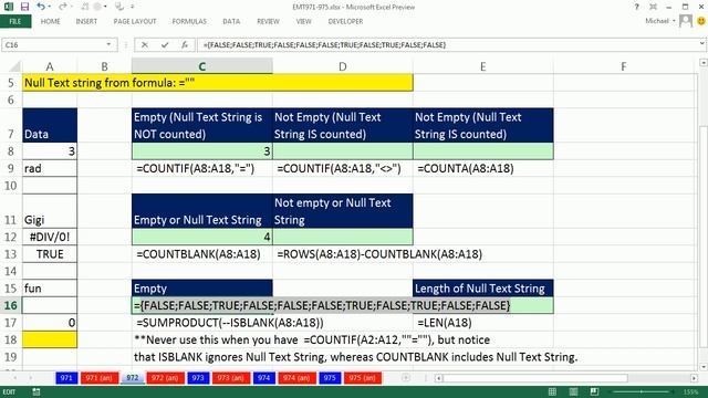 Excel Magic Trick 972: Empty Cell or Null Text String in Formulas: Counting Formulas смотреть онлайн