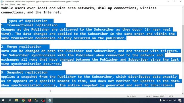 SQL Server DBA Tutorial 23 - What is replication- Types of replication and when to use each type смотреть онлайн