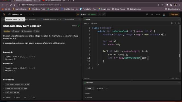Subarray Sum Equals K | Leetcode 560 |Array | Sorting | Leetcode mastery | Java Solution | Manish | смотреть онлайн
