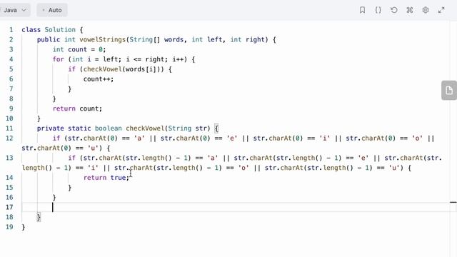 Leetcode | 2586. Count the Number of Vowel Strings in Range | Easy | Java Solution смотреть онлайн
