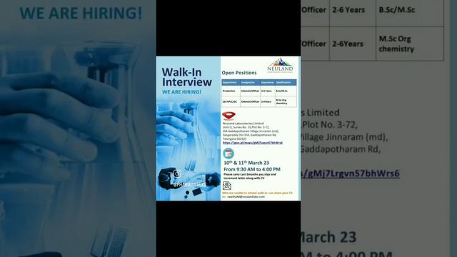 Neuland Laboratories – Walk-in For Production/ QC On 10th & 11th Mar 2023 #pharmajobs #jobopenings