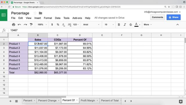 Percentage, Percent Change, Percent Increase, Percent Of Total Formulas - Google Sheets Tutorial