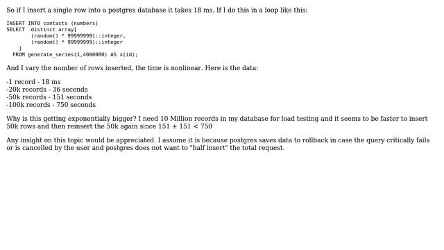 Why do psql queries take longer when inserting many rows. Why is it non linear? смотреть онлайн