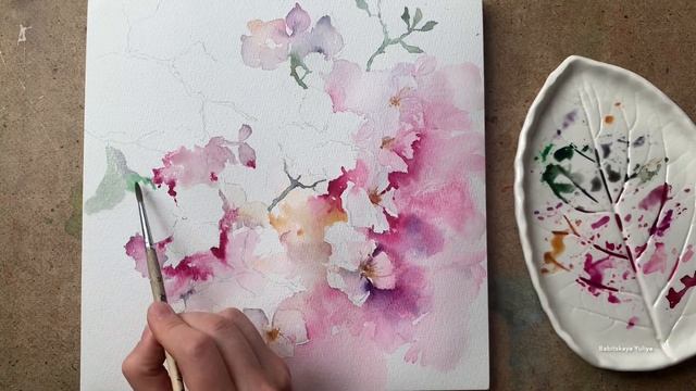 How to Paint “Apple Blossom” Flowers in Watercolor. Pink Tree смотреть онлайн
