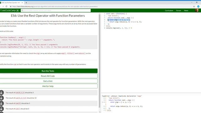 ES6 Use the Rest Operator with Function Parameters Learn freeCodeCamp9/31 смотреть онлайн