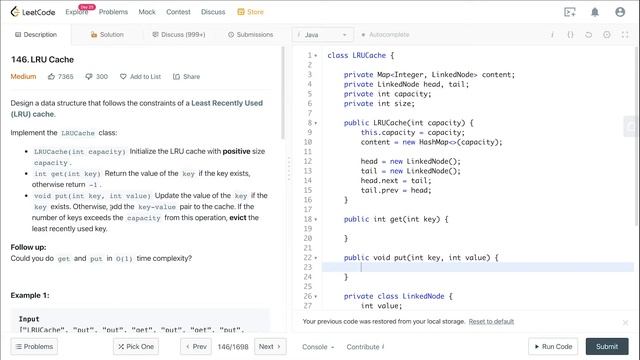 [Решение на Java] 146. LRU Cache. LeetCode задача для Amazon, Facebook, Microsoft, Apple, Uber и др смотреть онлайн