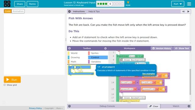 Code.org Lesson 16.5 A Keyboard Input | Tutorial with Answers | Fish with Arrows Practice A смотреть онлайн
