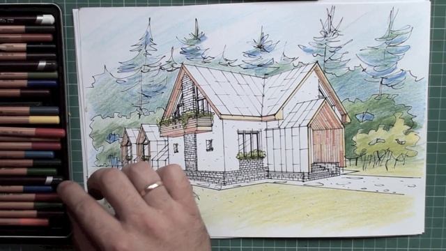 Эскиз коттеджа цветными карандашами. смотреть онлайн