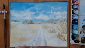 Рисую весенний пейзаж и небо акварелью. Акварель для начинающих. a landscape and sky in watercolor.