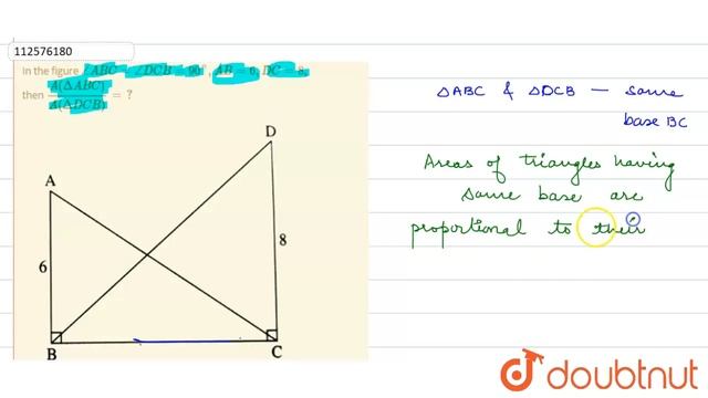 In the figure `/_ABC=/_DCB=90^(@), AB=6,DC=8,` then `(A(DeltaABC))/(A(DeltaDCB))=?` смотреть онлайн