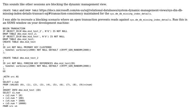 selecting from sys.dm_db_missing_index_details will start to return rows, and then sits and spins смотреть онлайн