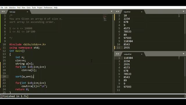 Sorting array of very large numbers using inbuilt sort and comparator function in C++ смотреть онлайн