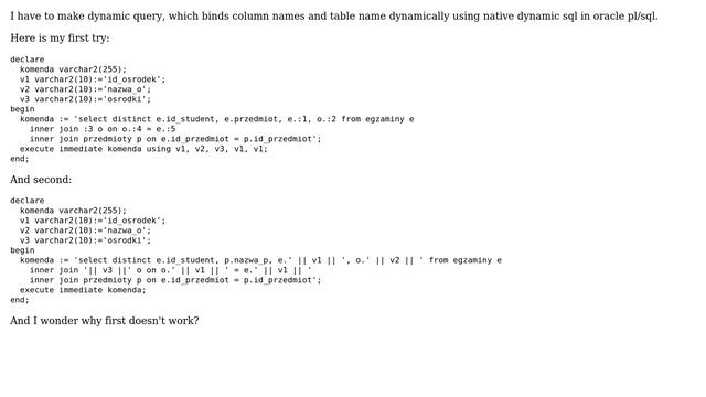 Databases: Native dynamic SQL - execute immediate with column and table names смотреть онлайн