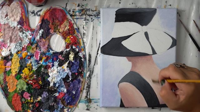 Acrylic painting - Lady in Black Hat with a Purple Bow смотреть онлайн