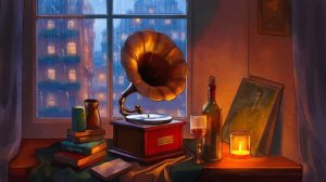 cozy vintage jazz playing in another room and it's raining
