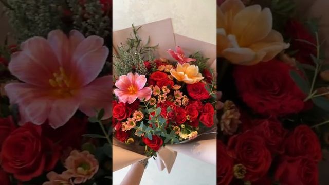 Red and Orange Bouquet. Spray Roses, chrysanthemum , Tulips #flowers #flowerarrangement смотреть онлайн