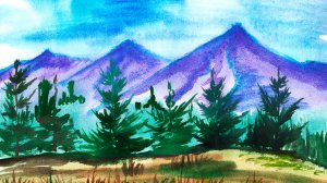 Рисуем пейзаж акварелью. Рисуем горы легко. Простой рисунок.