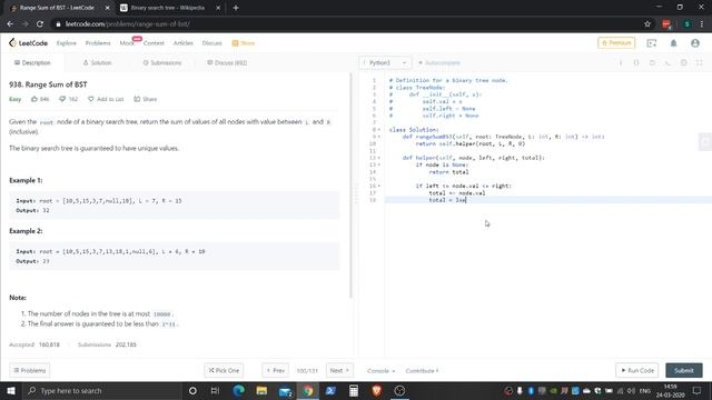 Leetcode 938. Range Sum of BST - Python смотреть онлайн