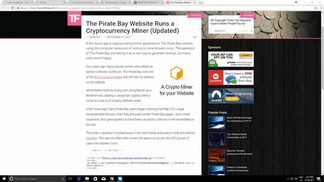 ThePirateBay Mining Monero With Visitors Computers Through Java смотреть онлайн