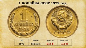 1 копейка СССР 1961 – 1991 года, цена. Монеты регулярного чекана, без разбора по разновидностям.