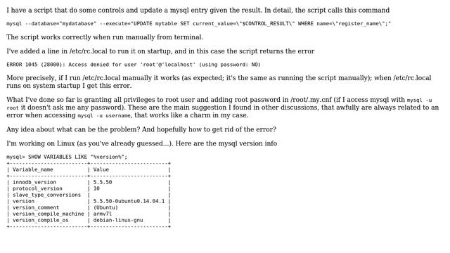 DevOps & SysAdmins: MySQL ERROR 1045 (28000) when running script from /etc/rc.local смотреть онлайн