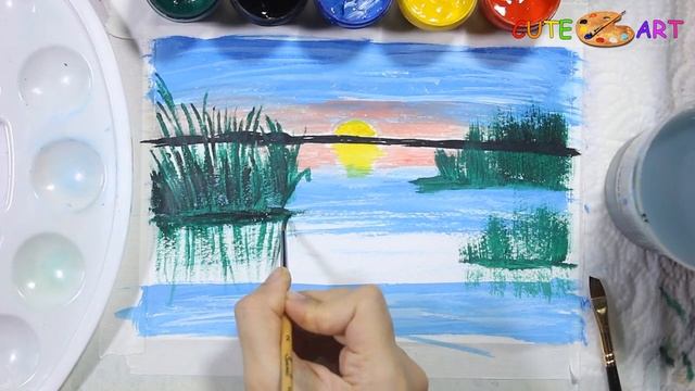 Как нарисовать УТРО НА ПРУДУ гуашью поэтапно смотреть онлайн