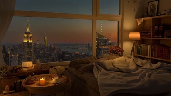 4K Cozy Bedroom With A Night View Of New York City with Jazz Music for Relax and Study