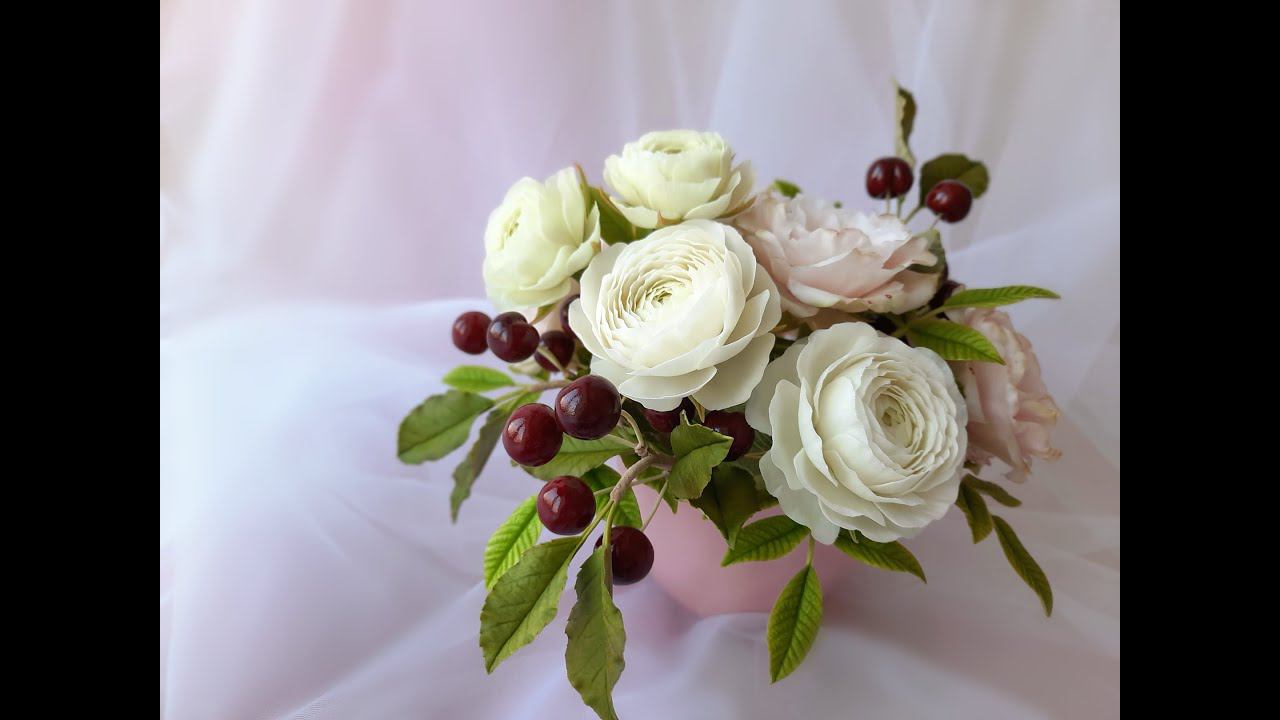 Цветочная чашка. Букет с вишней из холодного фарфора.