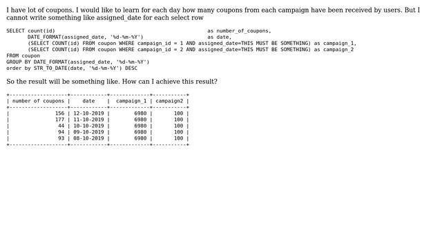 Databases: Select count date from multiple where conditions for each day смотреть онлайн